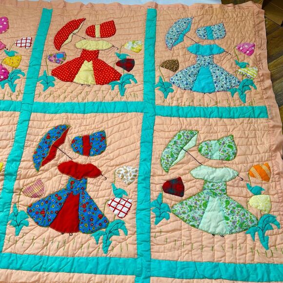Rare Vintage 40’s Parasol Ladies Sun Bonnet Hand Stitched Quilt Twin 97x53 - Picture 6 of 8